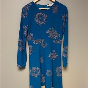 LOFT Blue Long Sleeve Printed Fit & Flare Dress Size 4
